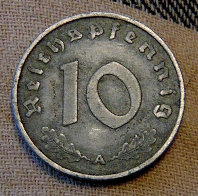 1941 A GERMANY Third Reich 10 TEN ZEHN Pfennig zinc coin eagle over swastika