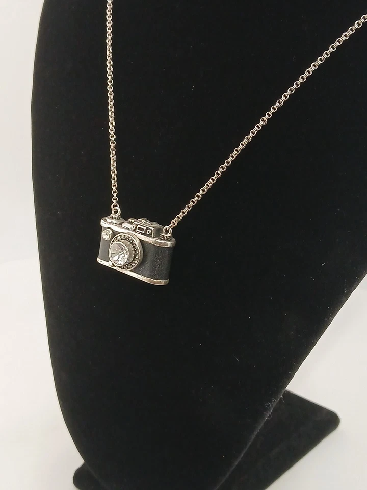 FOSSIL  silvertone clear crystals black leather camera design pendant necklace  - Image 4 of 4