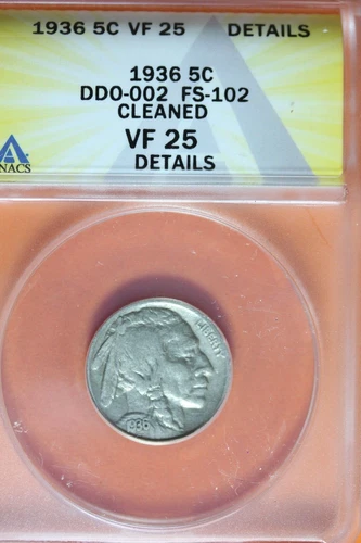 1936- 5C ANACS VF 25 DD0-002 FS-102 CLEANED DETAILS BUFFALO NICKEL #B40117