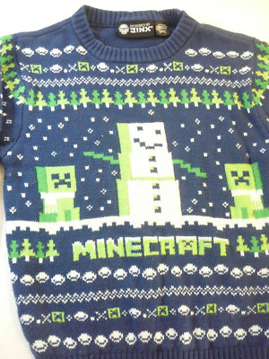 Minecraft Youth Small JINXNovelty Gamer Sweater Snowman Green/Blue FairIsle