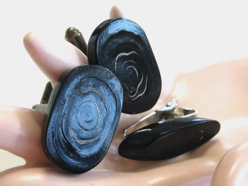 GEMELOS HAWAIANOS CORAL NEGRO PLATA ESTERLINA 925 MEDIADOS DE SIGLO MODERNOS MOD1950 Foto 3 de 4