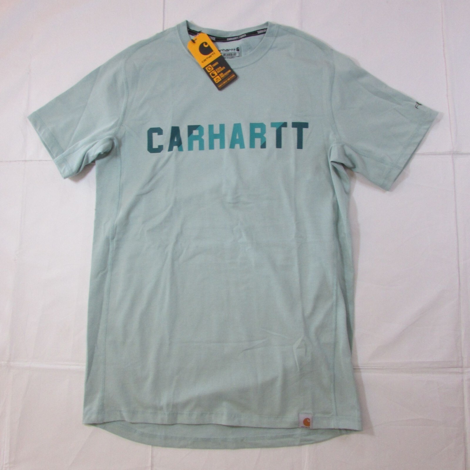 Carhartt Force Mens Short Sleeve Relaxed Fit Midweight Block Logo Tee in Blue