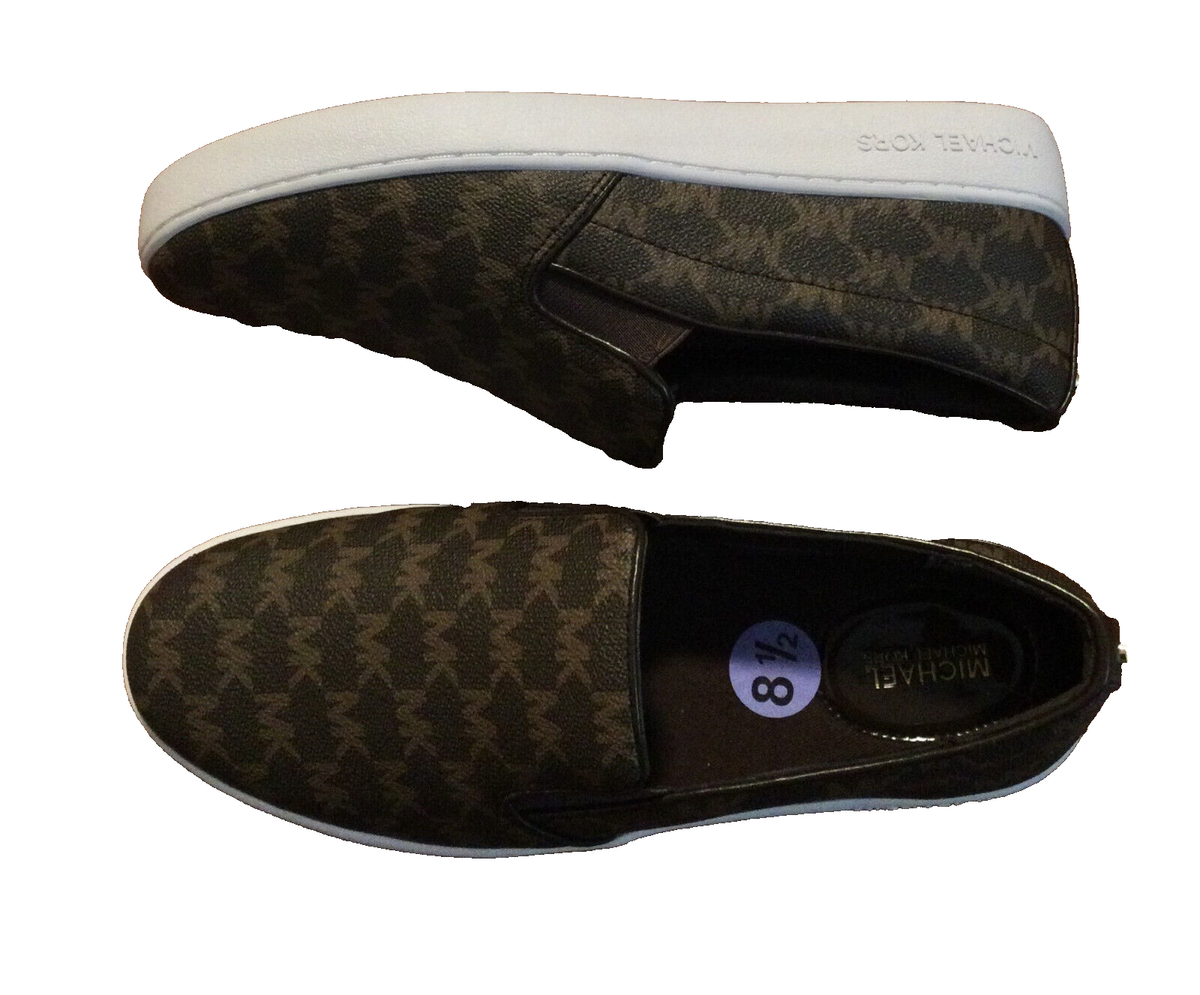 New MICHAEL KORS Keaton Slip-On Signature Logo Sneakers Shoes Brown Size