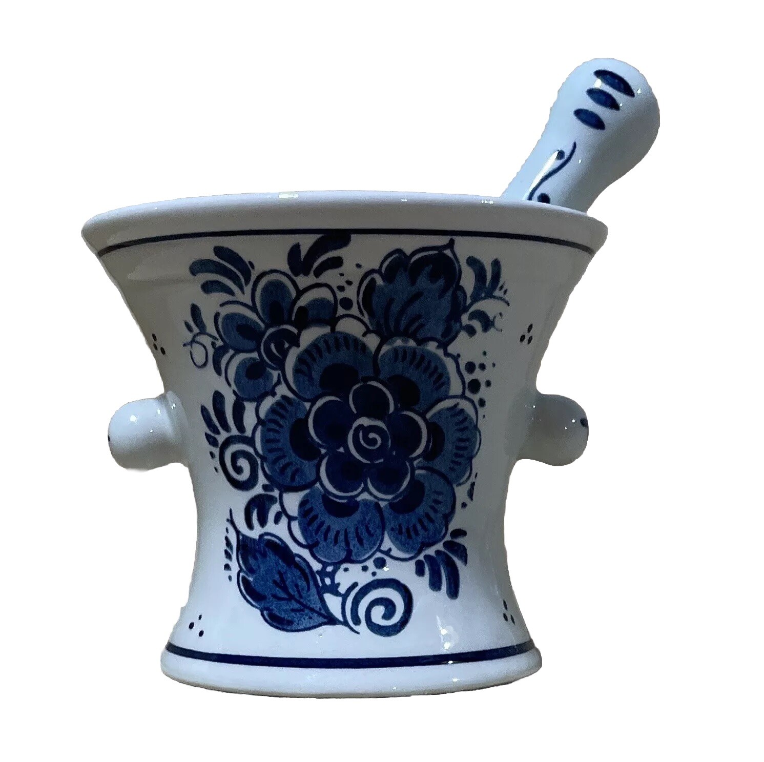 Blauw Delfts Distel Holland Mortar Pestle Muddler Earthenware 2 Pieces Rare B&W