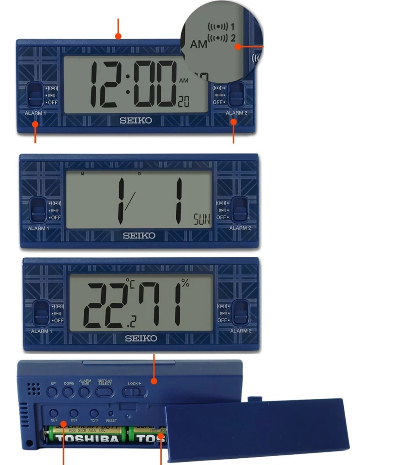 Seiko Digital Dual Alarm Clock QHL099 calendar thermometer hygrometer backlight - Image 4 of 4
