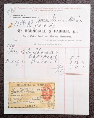 1911 Brunskill & Farrer Maiskuchen Samen & Mist Händler Kendal Rechnung
