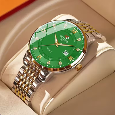 Golden Green Men Watch Stainless Steel Strap Roman Rhinestones Quartz Watch Gift
