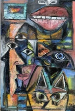 Faces Oil And Burlap Painting Cats Cubism Modern Original Art