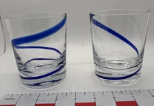 2 Pier One 4" BLUE SWIRLINE Double Old Fashion COBALT BLUE Glasses SET 12oz