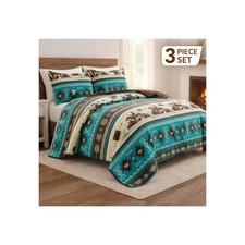 Southwestern Turquoise Aztec  Quilt Coverlet - 3 Piece Set- Western Bedding Set