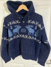 Vintage Ralph, Lauren, 100 wool knit sweater, hood, Kids XXL, navy blue moose