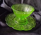 1930s Jeannette Depression Glass Green Cherry Blossom Dessert Bowl Plate Uranium