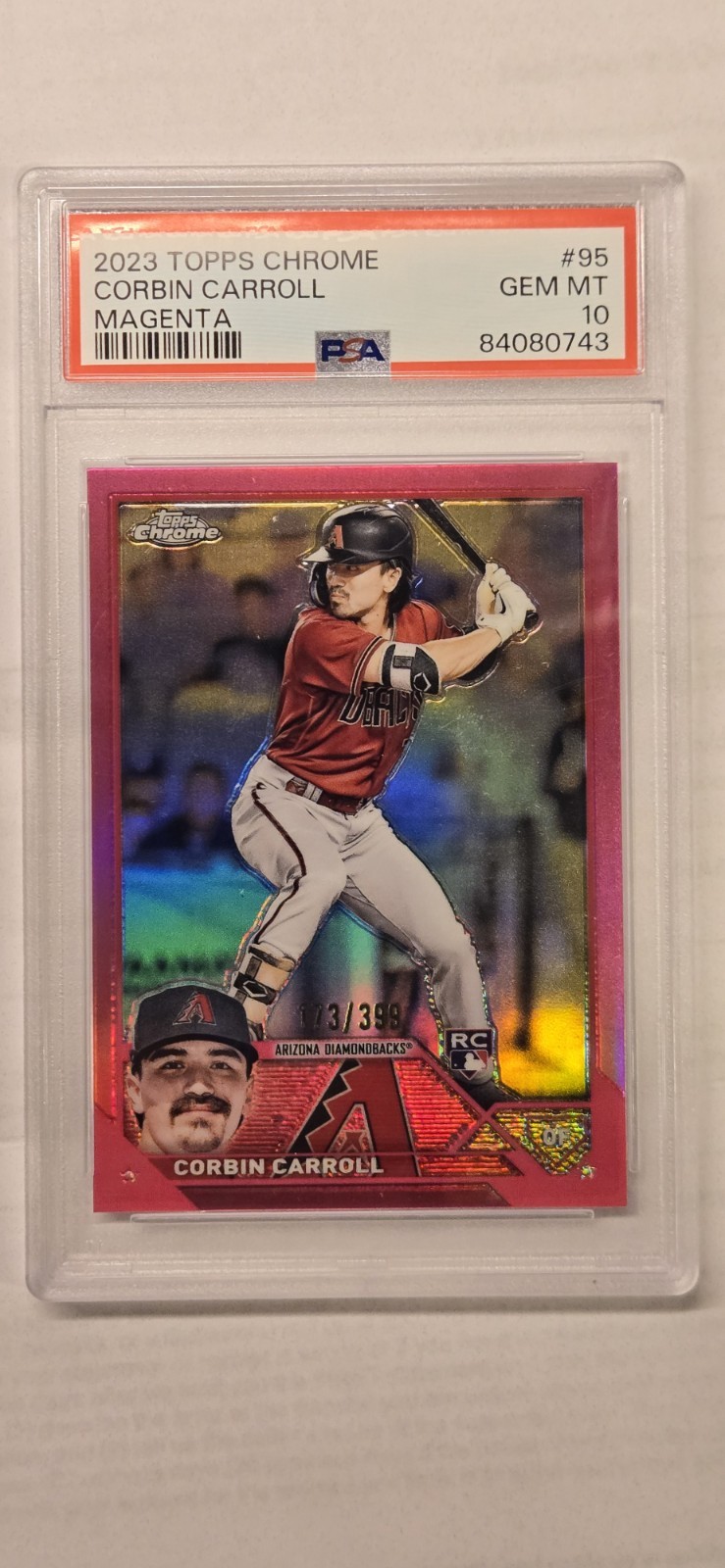 2023 TOPPS CHROME MAGENTA REFRACTOR #95 CORBIN CARROLL ROOKIE RC 55/399 PSA 10