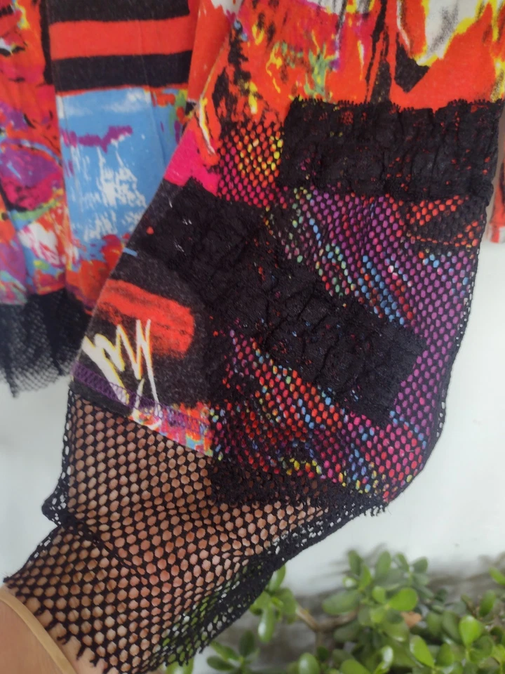 VTG 80s Glam Punk Mesh Lace Pop Art Top L Fishnet Ruffle Clubwear - Image 4 of 4