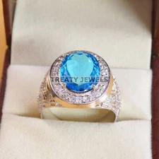 Blue Topaz Oval Cut Gemstone With 925 Sterling Silver Ring For Men's #A861