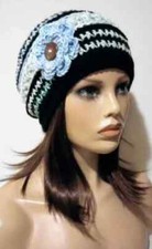 crochet handmade womans flower hat beanie mantra blue ombre puffs USA made