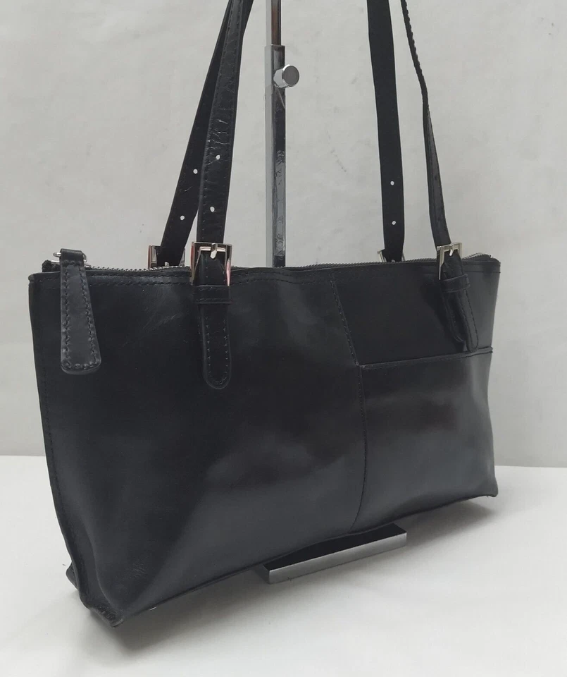 Hobo The Original Black Smooth Leather Double Handles Zipper Tote Shoulder Bag - Image 3 of 4