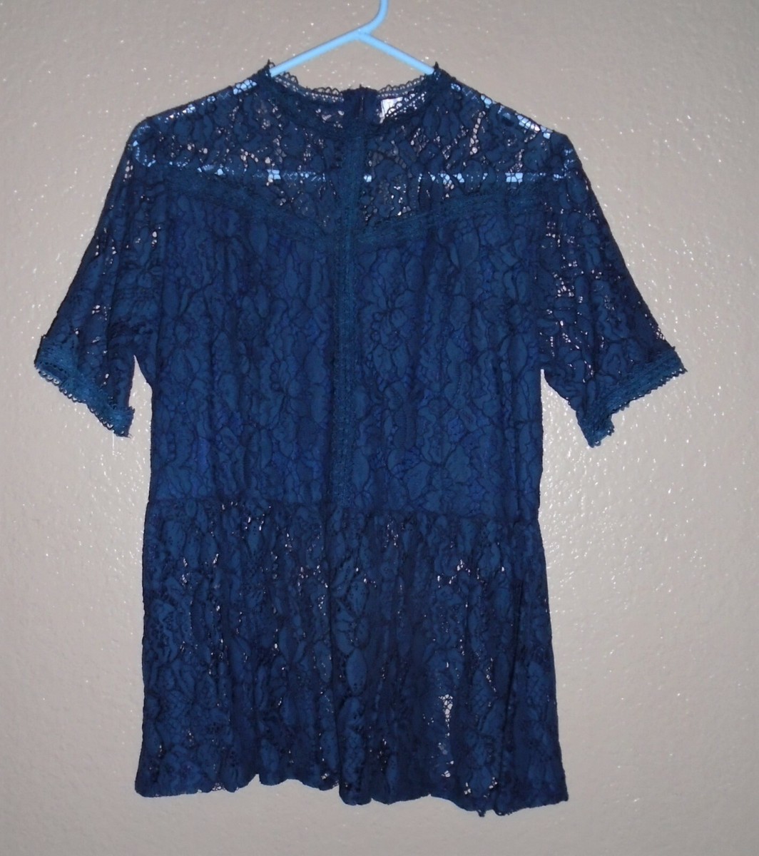 Tobrief Short Sleeve Navy Blue Lace Blouse Peplum Top Blouse