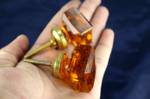 Vibrant Amber Crystal Door Knobs Brass Mounts Victorian Elegance, Pair 2 Pcs - Picture 7 of 12