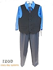 Izod Boys 4-Piece Vest Set Dress Shirt, Clip Tie, Pants, Vest Sizes 4, 6, 7