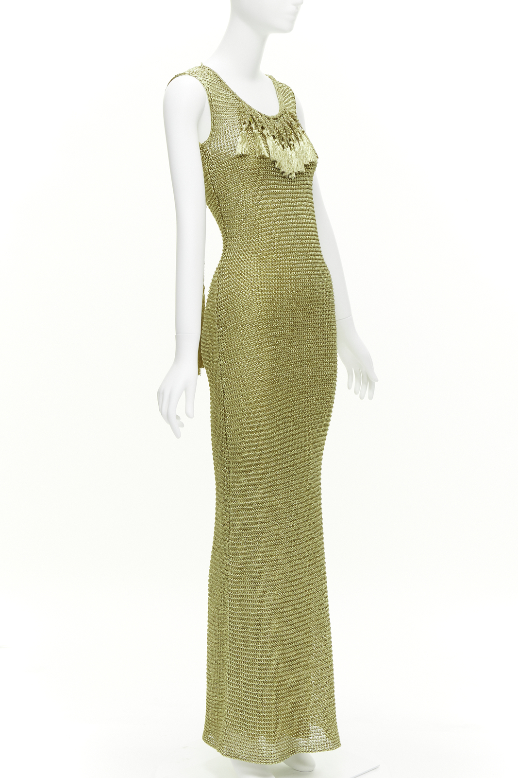 RALPH LAUREN PURPLE LABEL hand knit gold tassel crochet evening gown