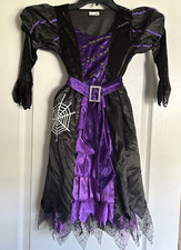 NWOT Girls 5-7 Blk Purp WITCH Halloween Costume Dress Hat Broom by Poshetion
