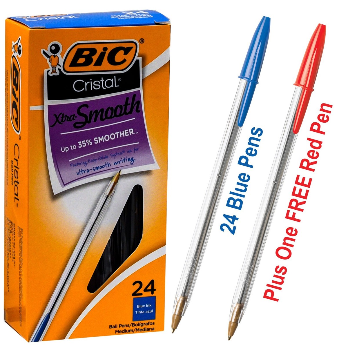 BIC Cristal MS24 19716 Xtra Smooth, 24 Blue Pens Plus FREE