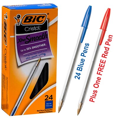 BIC Cristal 1.0mm MS24 19716 Xtra Smooth, 24 Blue Pens Plus 1 FREE Red Pen