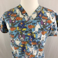 Halloween JLT Scrub Top Large Faded Frankenstein Witches Pumpkins Bats Boo Ghost