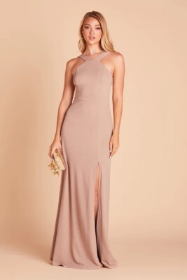 crepe taupe bridesmaid dresses Spaghetti Straps Backless Tea-Length Silk Elastic Satin Bridesmaid Dre –  Dairy Bridal main image 0