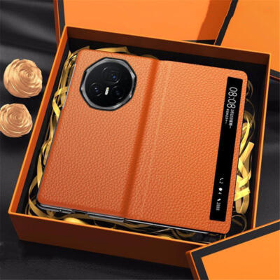 Genuine Cowhide Leather Magnetic Case for Honor Magic V3 Window View Full Cover