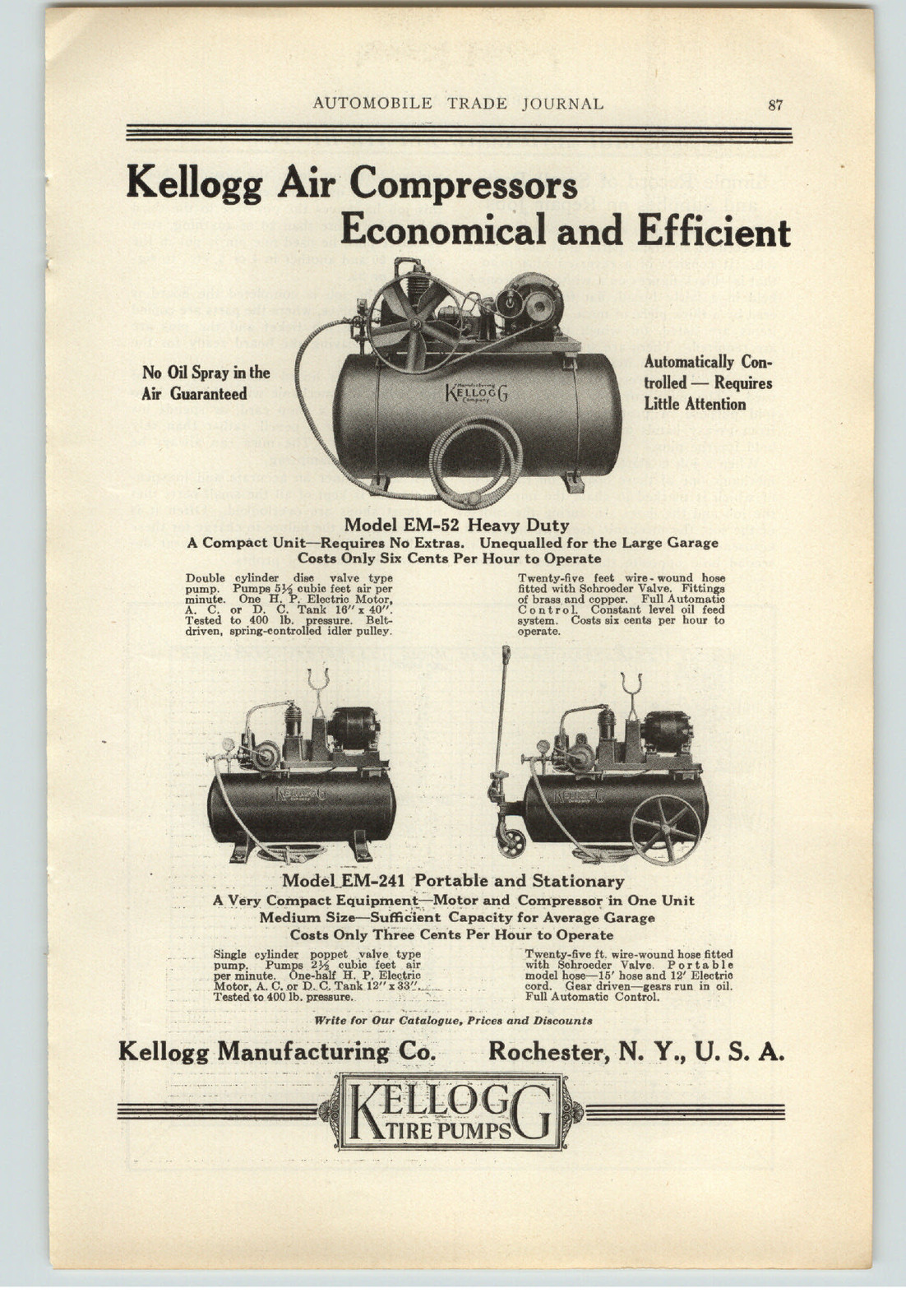1921 PAPER AD Kellogg Air Compressor Car Auto Automobile Gas Station Garage