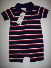 Ralph Lauren Romper Shortall Layette Navy Striped 6 Mos Logo Cotton New