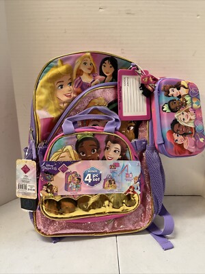 Disney Princess Backpack 4 piece Set 3D zip case, Lunch Kit, Lanyard Brand New!!