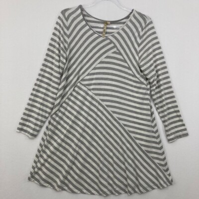 Comfy USA Medium Gray White Striped Crew Neck 3/4 Sleeve Stretch Tunic