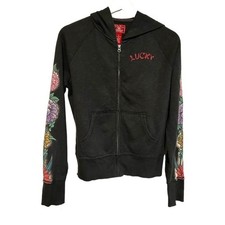 Y2K lucky brand S zip up hoodie sweatshirt floral tattoo print boho rocker 00s