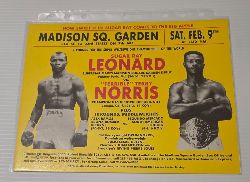 Vintage 1991 Sugar Ray Leonard vs Terrible Terry Norris fight flyer 