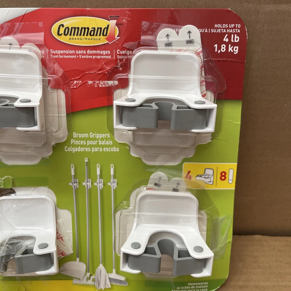 3M Command Adhesive Wall Mounted White Gray Broom Mop Grippers 4 Pack - Image 3 of 4