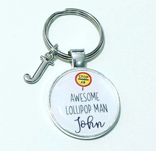 Personalised Lollipop Man Keyring: End of Term Gift with Initial Charm