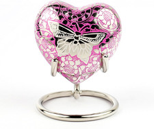 Heart Shaped Brass Small Urn for Human Ashes Keepsake with Engraved Butterfly