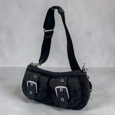 COACH CQ184 Soho Signature One Shoulder Bag Handbag Black Denim Adjustable Strap