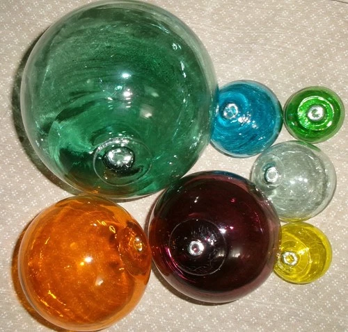 LOT 7 Blenko Blown Art Glass Bubbles Float Ball Blue Yellow Green Plum Orange