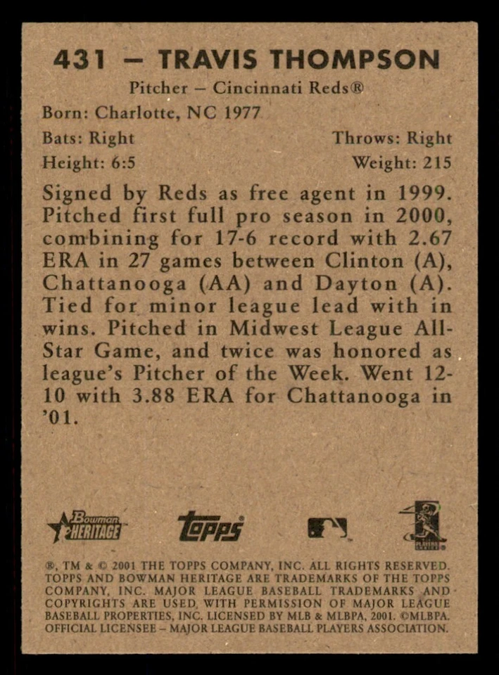 2001 Bowman Heritage #431 Travis Thompson SP - Image 2 of 2