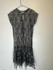 1920’s Style Retro Black Sheer Lace Dress Drop Waist Asymmetrical Hem Flapper