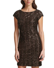 Eliza J Dress Women’s 8 Black Gold Sheath Mini Velvet Sequins Cap Sleeves