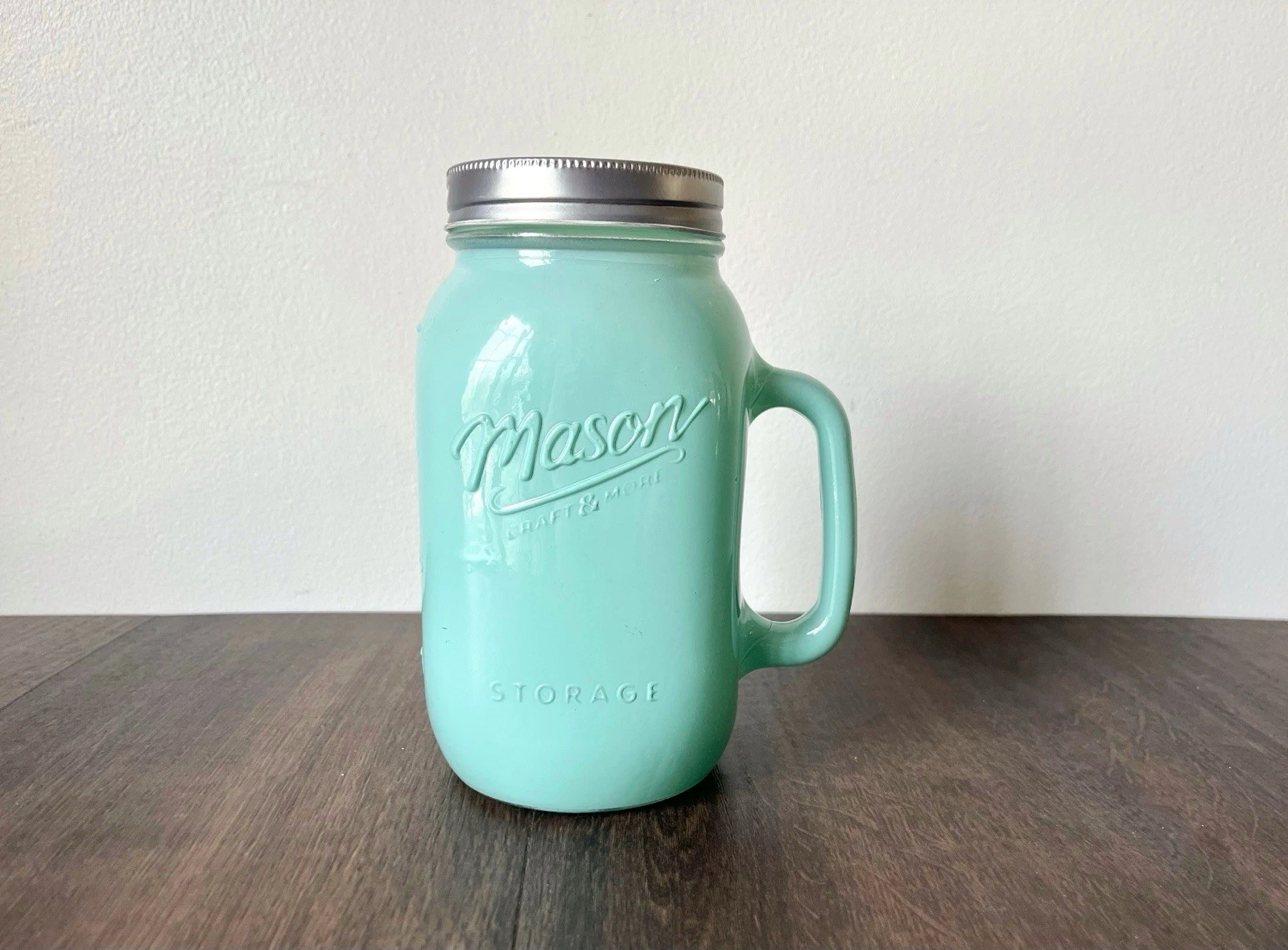 Painted Mason Jar Storage Canister with Handle and Lid –Blue/ Teal Mason Jar
