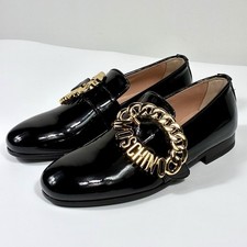 Moschino Logo Chain Leather Loafers Black Gold 37 NEW