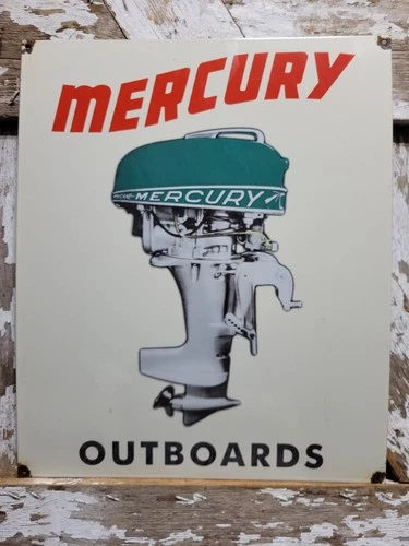 VINTAGE MERCURY PORCELAIN SIGN BOAT GAS OUTBOARD MOTORS DEALER LAKE FISHING 24"