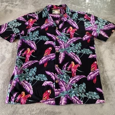 Paradise Found Shirt Mens Medium Black Parrot Hawaiian Aloha Tropical Camp