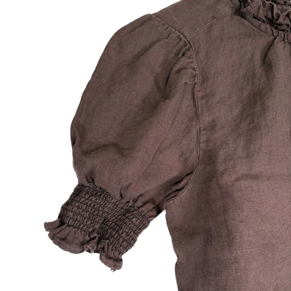 J. Crew Womens XS Linen Smocked Puff Sleeve Chic Brown Ruffled Blouse Top Shirt - Image 2 of 4